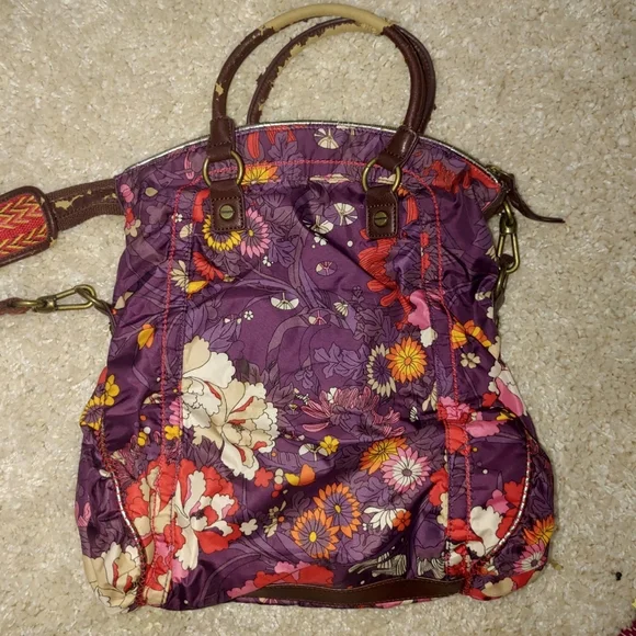 Sakroots Large Purple Foldover Floral Crossbody Satchel Shoulder Handbag Purse - Picture 2 of 15